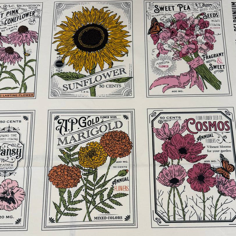 Moda My Secret Garden 100% cotton fabric panel by Stacy Iest Hsu featuring vintage flower seed packet illustrations on a cream background.