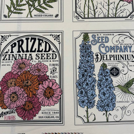 Moda My Secret Garden 100% cotton fabric panel by Stacy Iest Hsu featuring vintage flower seed packet illustrations on a cream background.