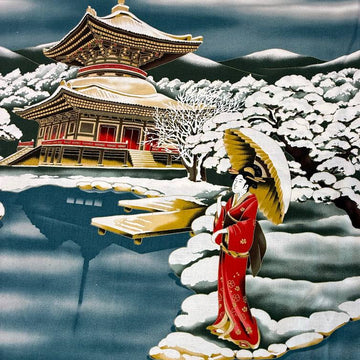 Asian-inspired fabric featuring a traditional temple, snowy landscape, and woman in traditional dress.