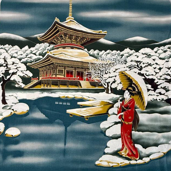 Asian-inspired fabric featuring a traditional temple, snowy landscape, and woman in traditional dress.