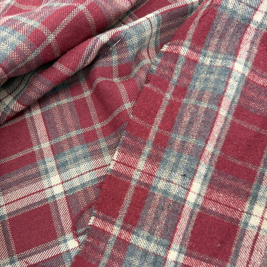Double-sided burgundy, grey and cream yarn dyed plaid fabric, 65% polyester 35% rayon