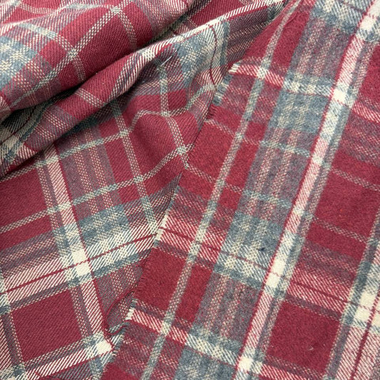 Double-sided burgundy, grey and cream yarn dyed plaid fabric, 65% polyester 35% rayon