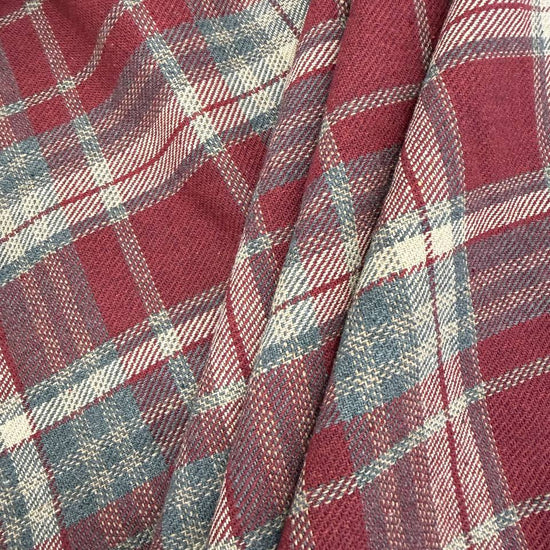 Double-sided burgundy, grey and cream yarn dyed plaid fabric, 65% polyester 35% rayon
