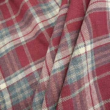 Double-sided burgundy, grey and cream yarn dyed plaid fabric, 65% polyester 35% rayon