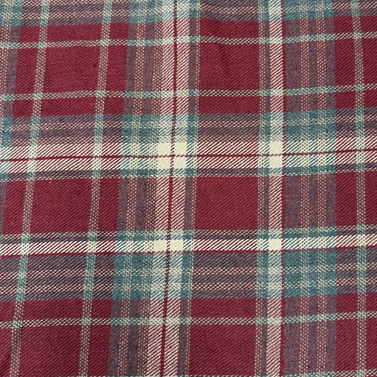 Double-sided burgundy, grey and cream yarn dyed plaid fabric, 65% polyester 35% rayon