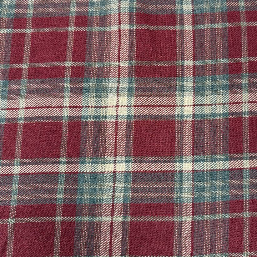 Double-sided burgundy, grey and cream yarn dyed plaid fabric, 65% polyester 35% rayon