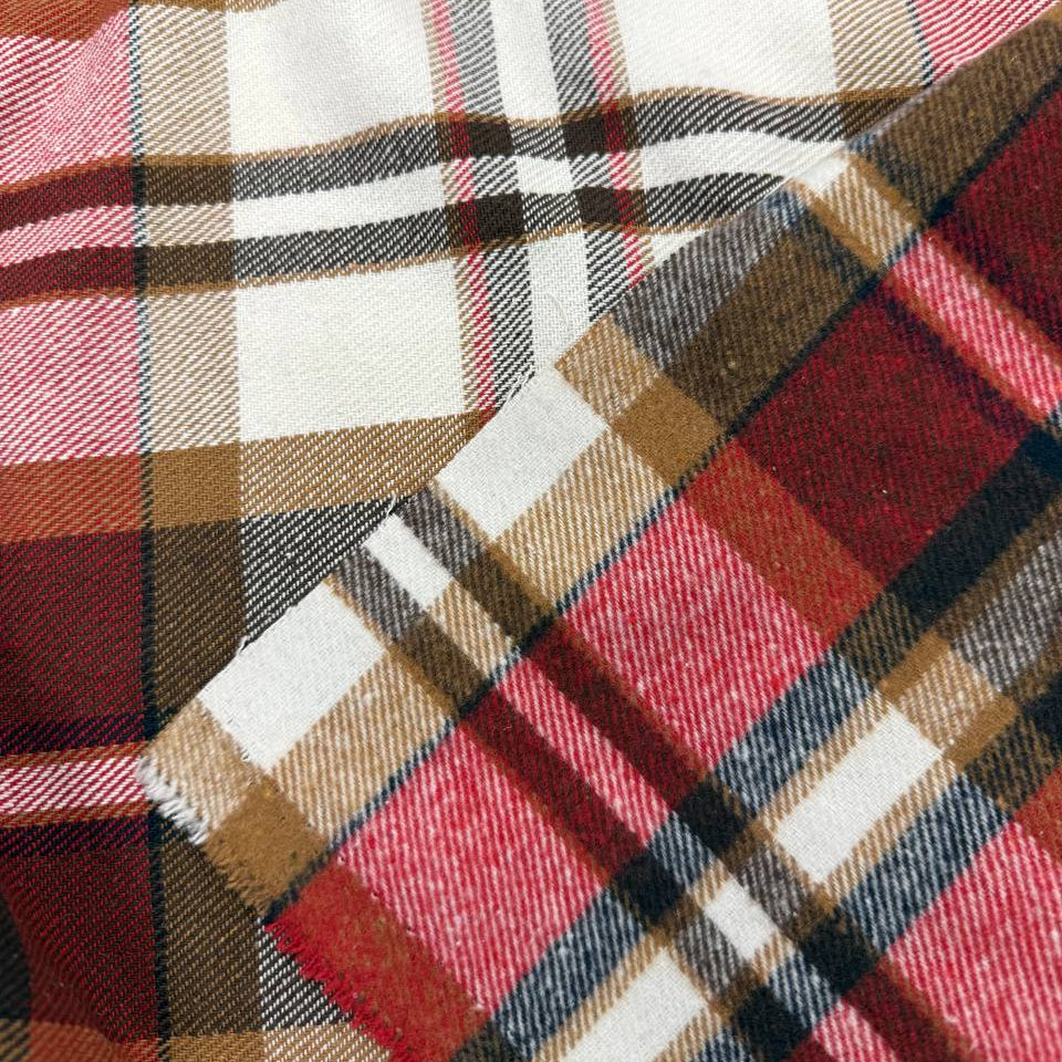 Red, brown and cream double-sided plaid fabric in 65% polyester and 35% rayon