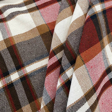 Red, brown and cream double-sided plaid fabric in 65% polyester and 35% rayon