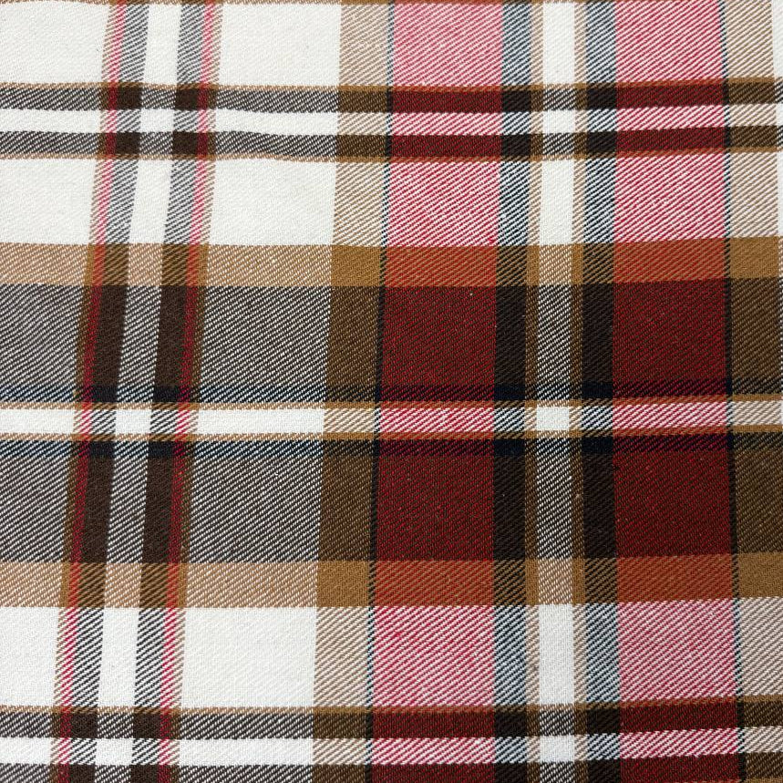 Red, brown and cream double-sided plaid fabric in 65% polyester and 35% rayon