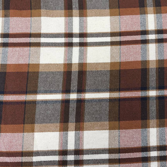 Cream, brown and rust double-sided plaid fabric, 65% polyester and 35% rayon