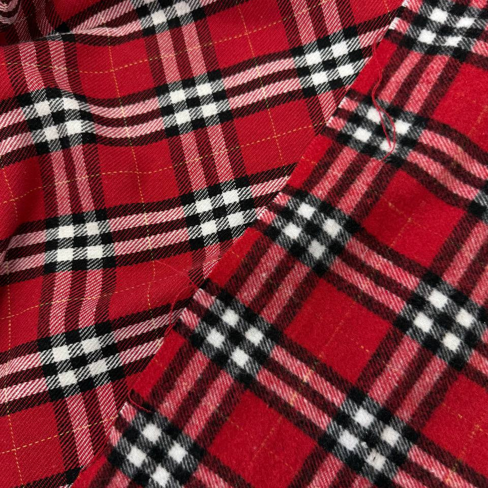 Red, black and white double-sided plaid fabric, 65% polyester and 35% rayon