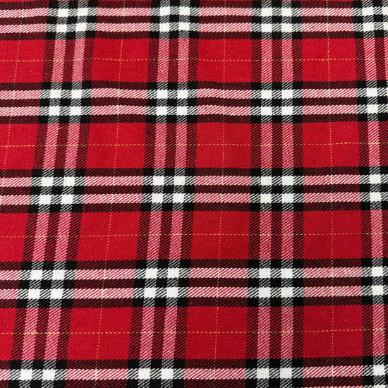 Red, black and white double-sided plaid fabric, 65% polyester and 35% rayon
