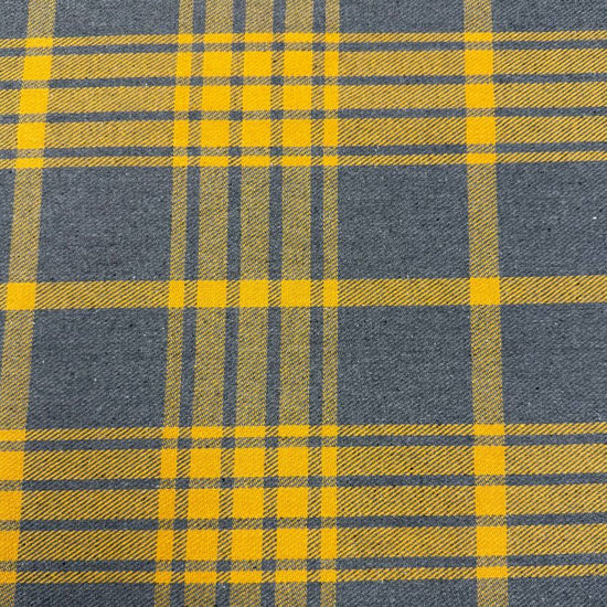 Mustard yellow and charcoal grey yarn dyed plaid fabric, 65% polyester and 35% rayon, 60 inches wide.
