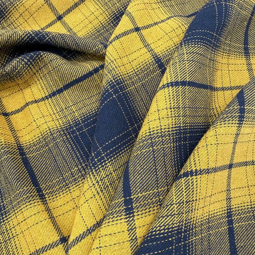 Mustard yellow and navy blue double-sided plaid fabric, 65% polyester and 35% rayon, 60 inches wide.