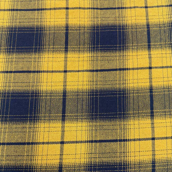 Mustard yellow and navy blue double-sided plaid fabric, 65% polyester and 35% rayon, 60 inches wide.