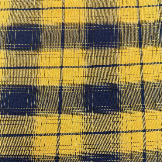 Mustard yellow and navy blue double-sided plaid fabric, 65% polyester and 35% rayon, 60 inches wide.