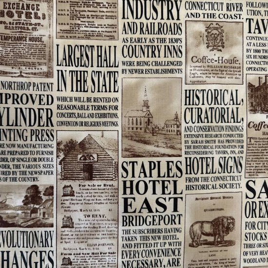 Vintage newspaper print cotton fabric with historical advertisements and typography in beige and black tones.