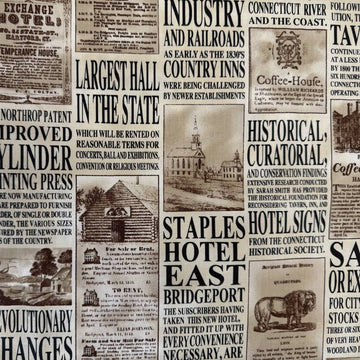 Vintage newspaper print cotton fabric with historical advertisements and typography in beige and black tones.