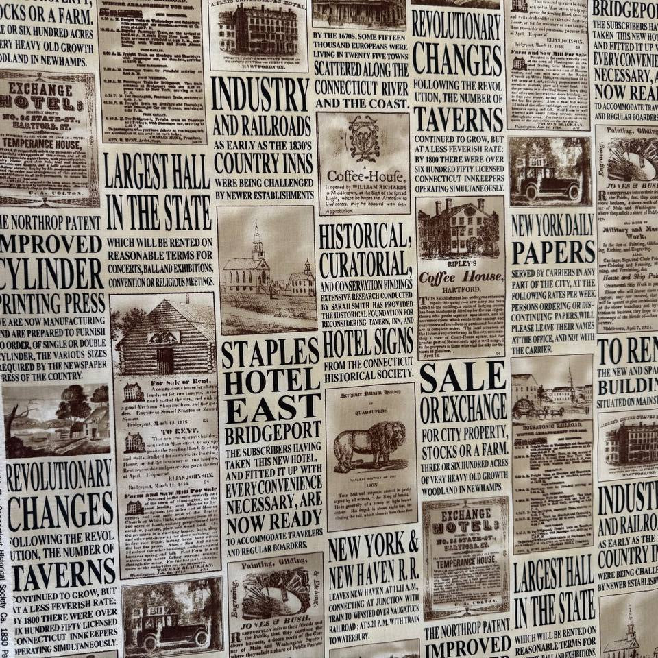 Vintage newspaper print cotton fabric with historical advertisements and typography in beige and black tones.