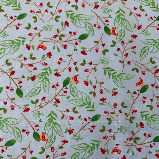 Light blue cotton fabric with delicate green leaves, red berries, and small orange birds scattered throughout the design.