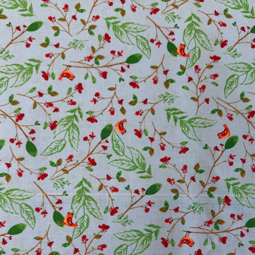 Light blue cotton fabric with delicate green leaves, red berries, and small orange birds scattered throughout the design.