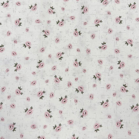 Hollie Rose 100% cotton fabric with small pink roses on a white background