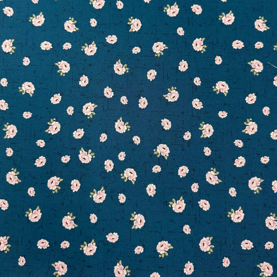 Hollie Rose 100% cotton fabric with small pink roses on a teal background