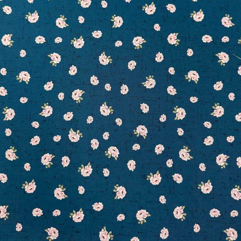 Hollie Rose 100% cotton fabric with small pink roses on a teal background