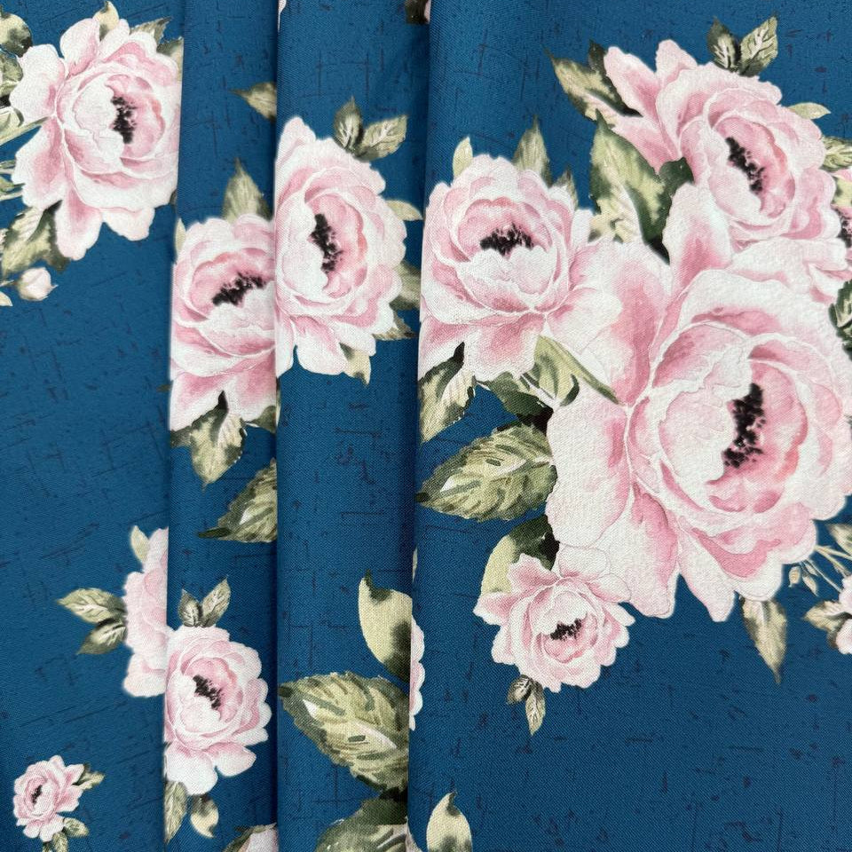 Large pink rose floral 100% cotton fabric by STOF, Hollie Rose collection, available in teal and white.