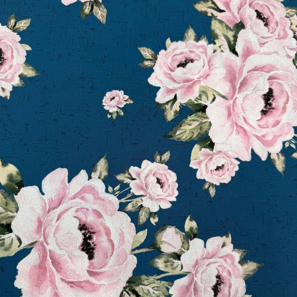 Large pink rose floral 100% cotton fabric by STOF, Hollie Rose collection, available in teal and white.