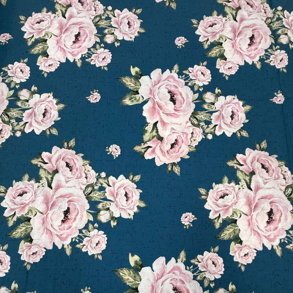 Large pink rose floral 100% cotton fabric by STOF, Hollie Rose collection, available in teal and white.