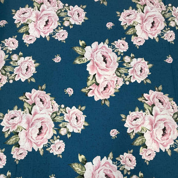 Large pink rose floral 100% cotton fabric by STOF, Hollie Rose collection, available in teal and white.