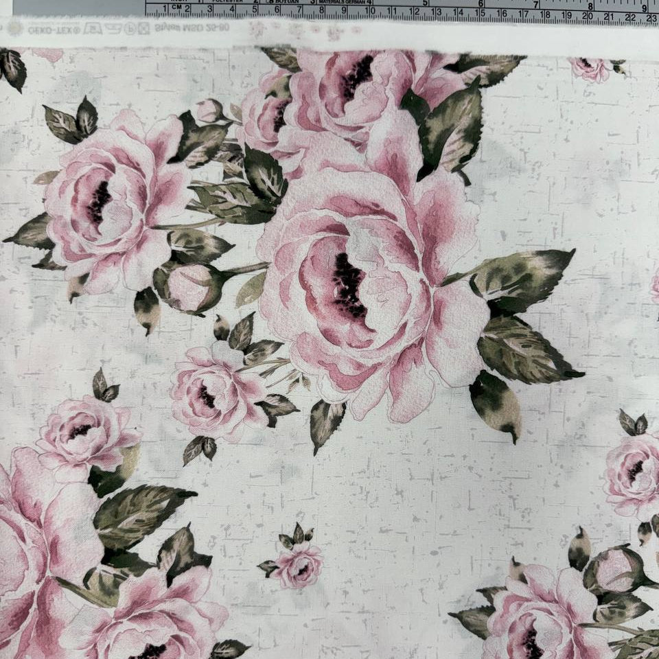 Large pink rose floral 100% cotton fabric by STOF, Hollie Rose collection, available in teal and white.