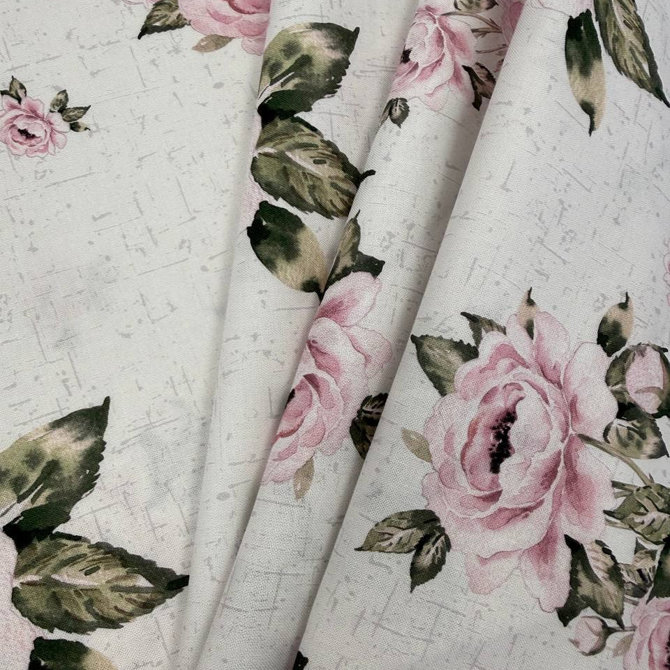 Large pink rose floral 100% cotton fabric by STOF, Hollie Rose collection, available in teal and white.