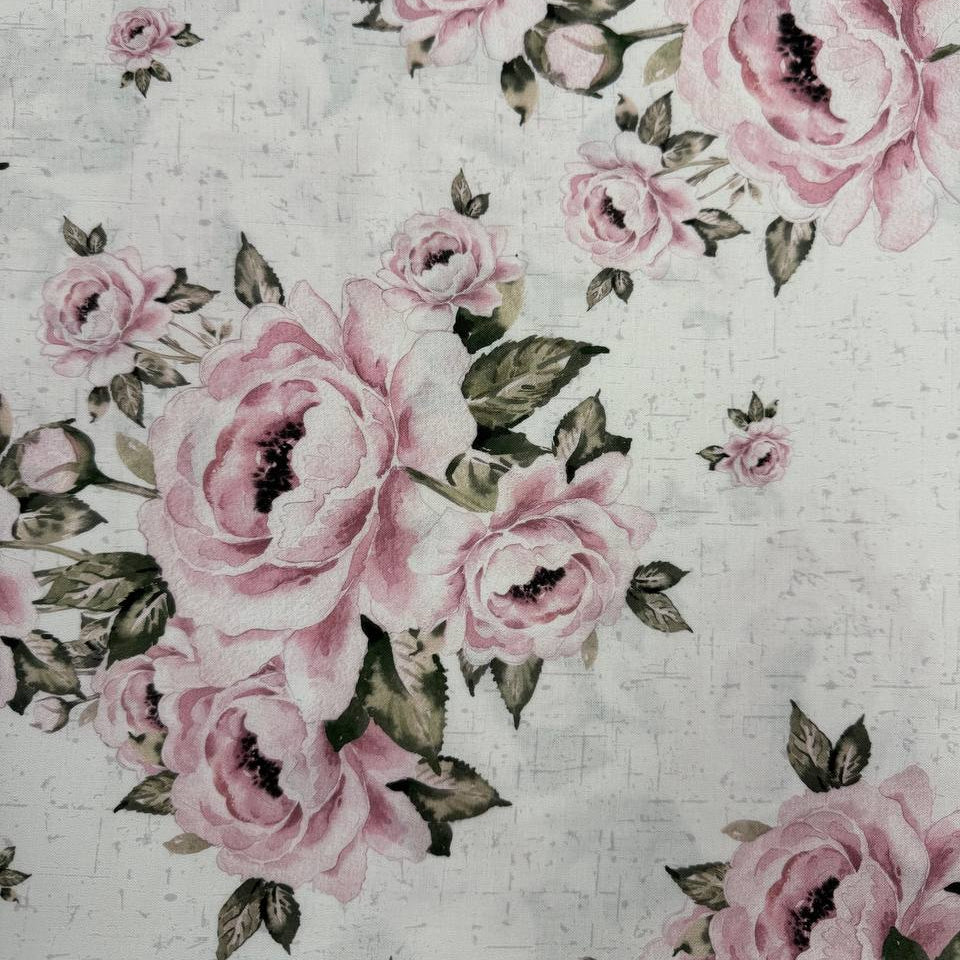 Large pink rose floral 100% cotton fabric by STOF, Hollie Rose collection, available in teal and white.