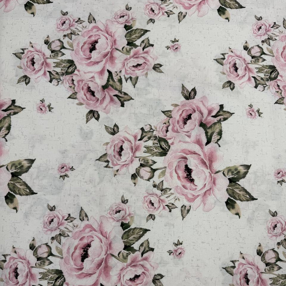 Large pink rose floral 100% cotton fabric by STOF, Hollie Rose collection, available in teal and white.