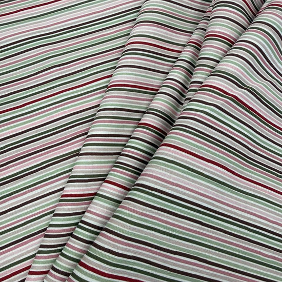 Taylor Rose by STOF 100% cotton fabric with pink, burgundy, sage green, taupe and cream horizontal stripes.