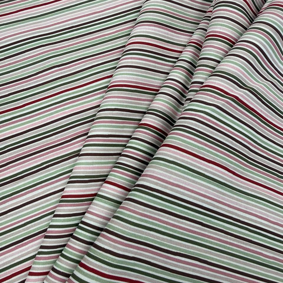 Taylor Rose by STOF 100% cotton fabric with pink, burgundy, sage green, taupe and cream horizontal stripes.
