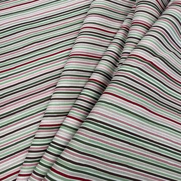Taylor Rose by STOF 100% cotton fabric with pink, burgundy, sage green, taupe and cream horizontal stripes.