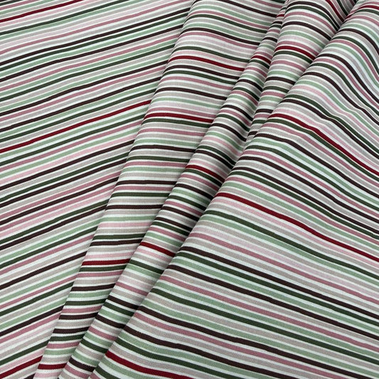Taylor Rose by STOF 100% cotton fabric with pink, burgundy, sage green, taupe and cream horizontal stripes.