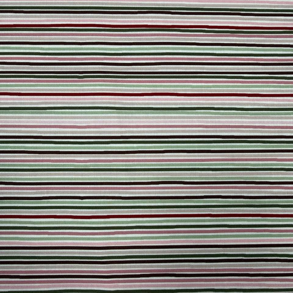 Taylor Rose by STOF 100% cotton fabric with pink, burgundy, sage green, taupe and cream horizontal stripes.