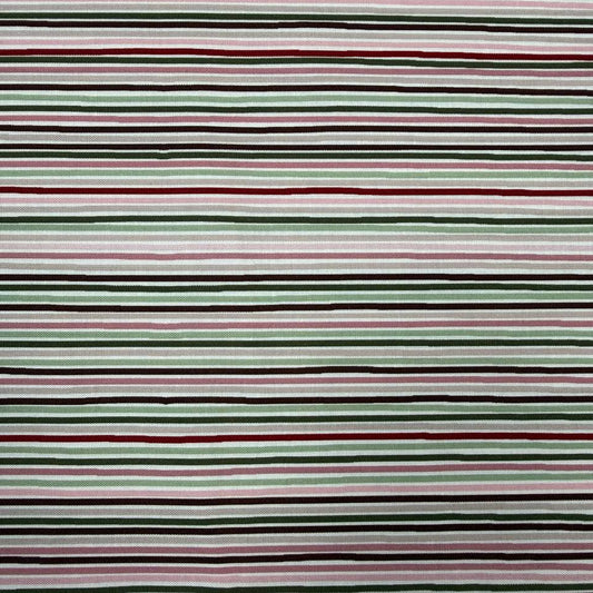Taylor Rose by STOF 100% cotton fabric with pink, burgundy, sage green, taupe and cream horizontal stripes.