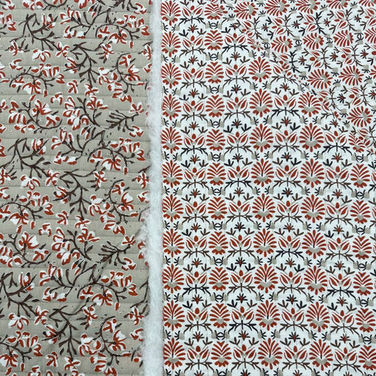 Double-sided quilted cotton fabric with coordinating brown rust and cream floral prints