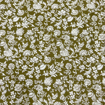 Olive green 100% cotton twill fabric with an intricate white floral and botanical print.