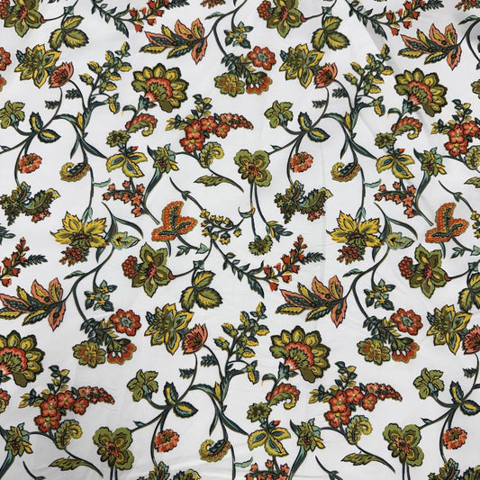 Lightweight 100% cotton poplin fabric with colourful paisley floral print on a white background.