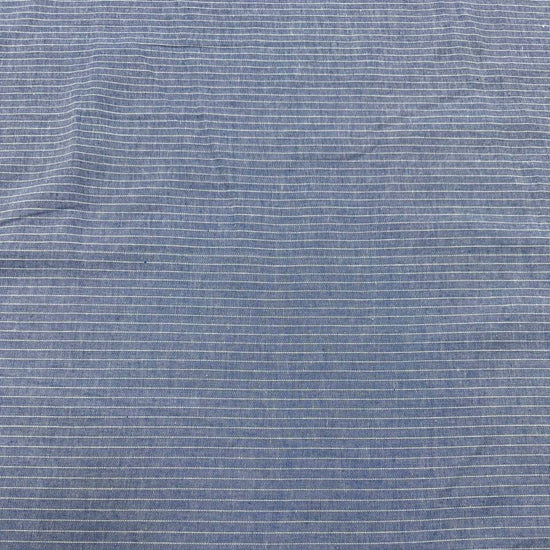 Blue pinstripe denim fabric with fine white stripes, 65% cotton and 35% polyester, 150 cm wide.