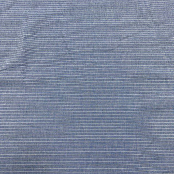Blue pinstripe denim fabric with fine white stripes, 65% cotton and 35% polyester, 150 cm wide.
