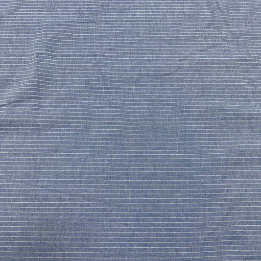 Blue pinstripe denim fabric with fine white stripes, 65% cotton and 35% polyester, 150 cm wide.