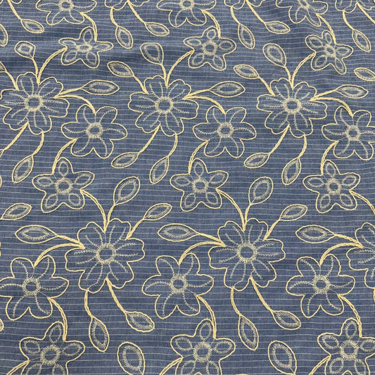 Denim blue pinstripe fabric with cream floral embroidery, 35% cotton and 65% polyester, 150 cm wide