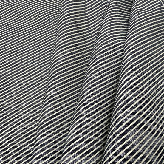 Denim blue and white fine striped yarn-dyed fabric, 100% cotton, 150 cm wide